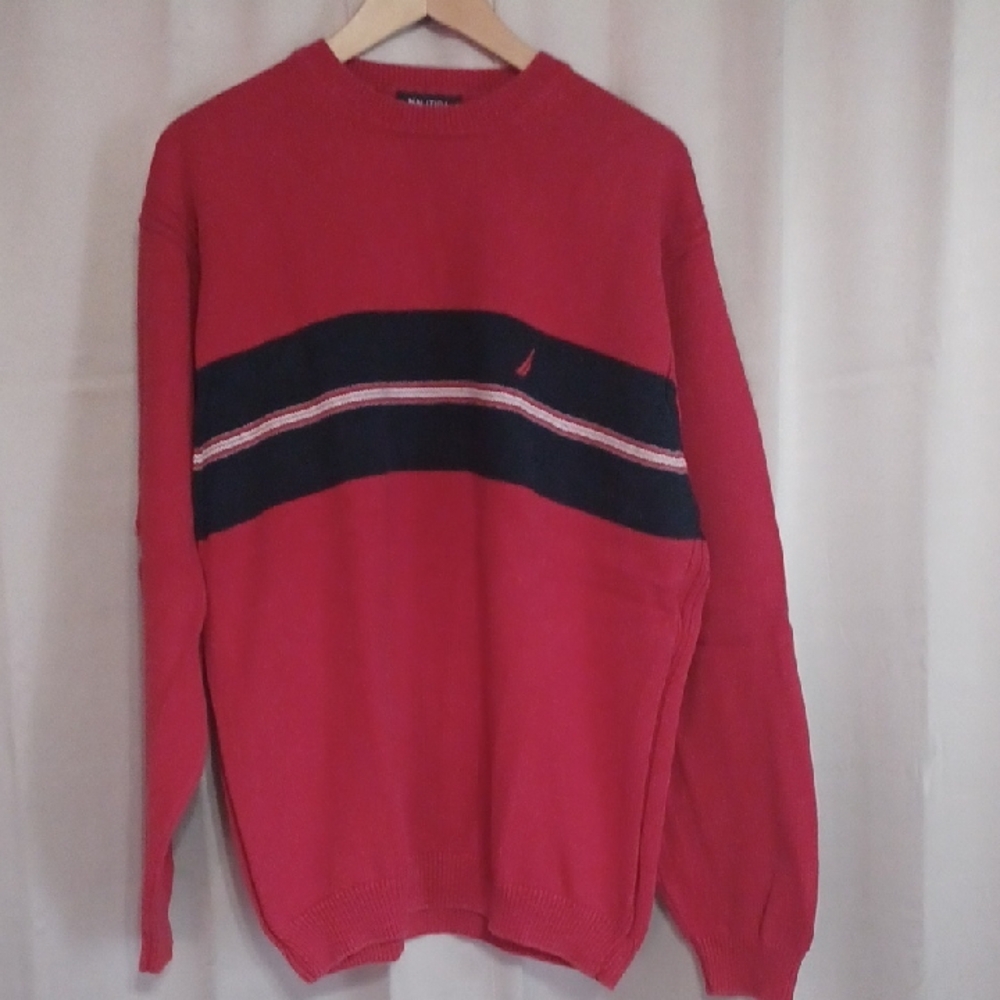 Nautica Knit Crewneck Sweater, Red With Navy Blue Stripe XXL